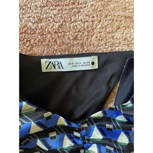 Zara Blue Geometric Print Mini Dress Ruched Long Sleeve Size S - Picture 2 of 9